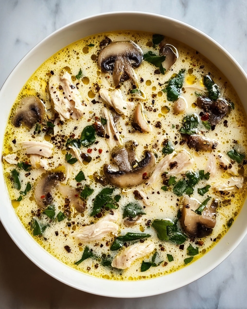 A white bowl filled with creamy soup that has a light yellow base with oil droplets floating on the surface. The soup contains sliced brown mushrooms, chunks of white shredded chicken, and scattered pieces of bright green leafy herbs. The ingredients float evenly on top, and the soup is speckled with black pepper. The bowl sits on a white marbled surface. photo taken with an iphone --ar 4:5 --v 7