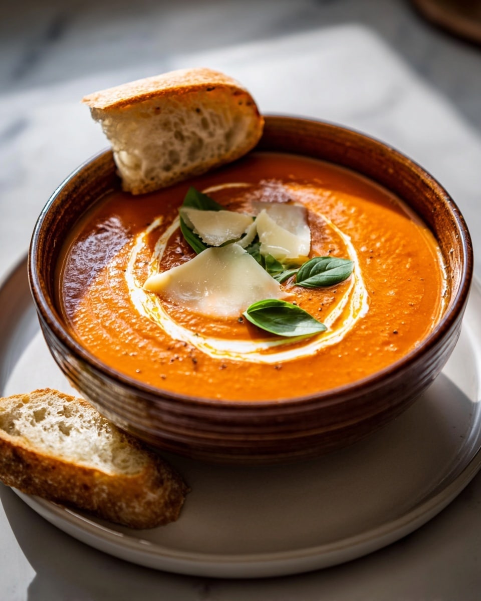 A bowl of smooth orange tomato soup is shown in a brown rustic bowl placed on a white plate, set on a white marbled surface. The soup has a swirl of white cream near the middle with fresh green basil leaves and thin light-yellow Parmesan cheese shavings placed on top. A piece of crusty white bread is resting on the edge of the bowl, with another bread piece on the plate beneath the bowl. Warm light falls on the soup, creating a cozy and inviting feel. Photo taken with an iphone --ar 4:5 --v 7