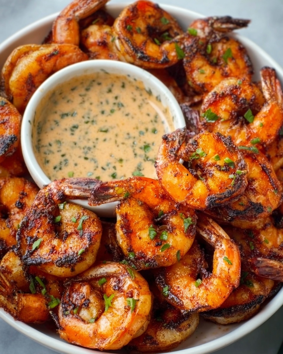 The image shows a white bowl filled with many cooked shrimp that are orange and slightly charred, giving a crispy texture. The shrimp are arranged around a small white cup in the middle, which is filled with a creamy light brown sauce speckled with herbs. The shrimp look juicy and well seasoned, and some green herbs are scattered on the shrimp for decoration. The bowl sits on a white marbled surface. photo taken with an iphone --ar 4:5 --v 7