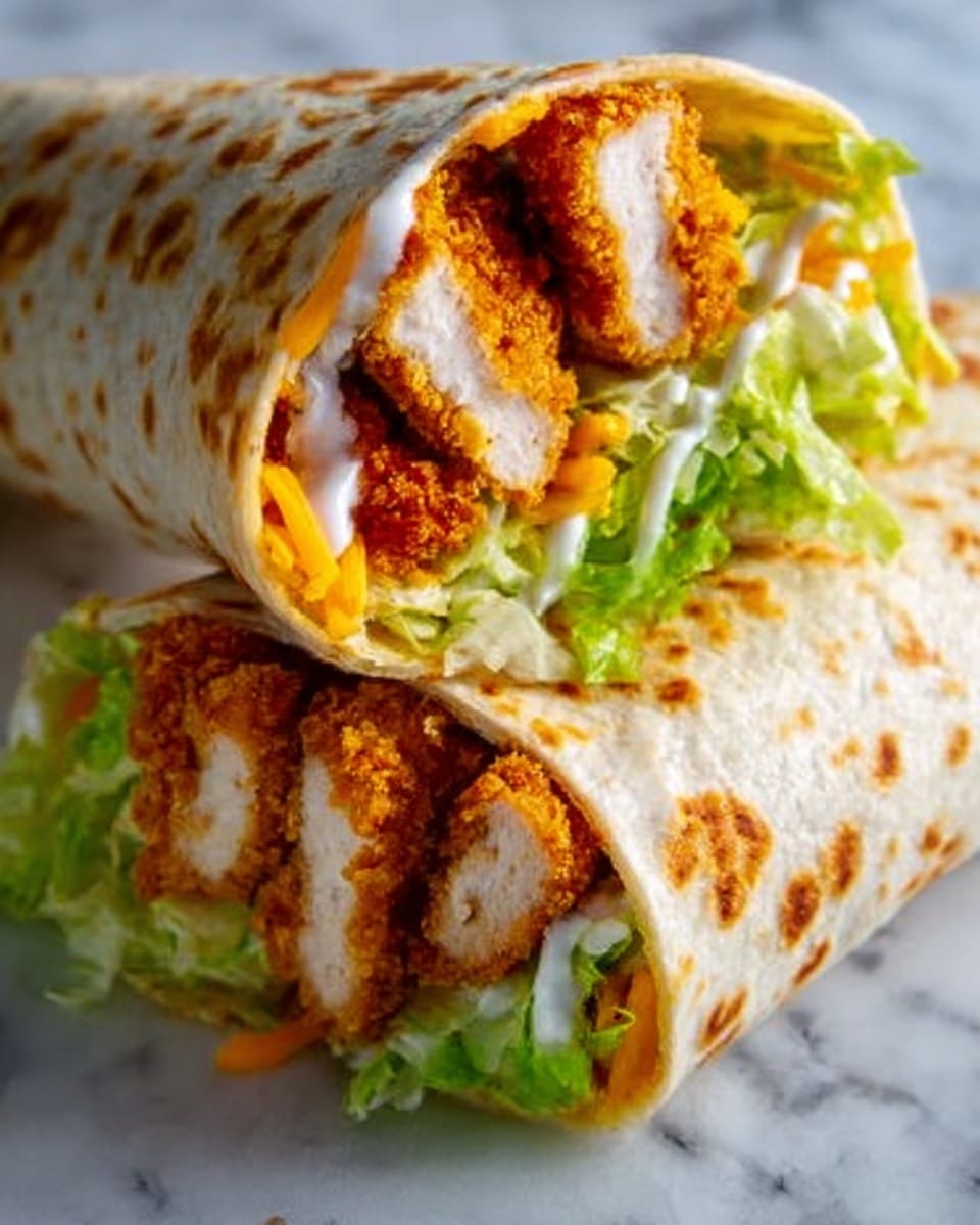 Two wraps are cut in half and shown from the top on a white marbled texture. Each wrap has three layers inside: shredded green lettuce as the bottom layer, golden yellow shredded cheddar cheese scattered on top of the lettuce, and crispy fried chicken pieces with a brown crunchy coating on top of the cheese. White creamy sauce is drizzled lightly over the lettuce and chicken. The wraps themselves have a pale beige color with some toasted brown spots. Photo taken with an iphone --ar 4:5 --v 7