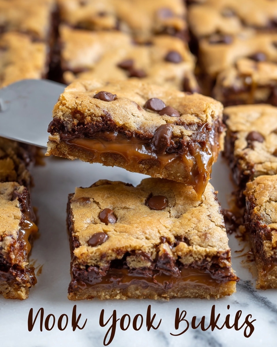 A close-up view of knock you naked bars cut into squares is shown on a white marbled surface. The bars have two main layers: a golden brown, slightly crunchy top layer with visible chocolate chips and swirls of melted caramel, and a rich, gooey bottom layer filled with melted chocolate and caramel that looks soft and chewy. One square bar is held up by a metal fork above the rest, showing the thick layers and stretchy texture of the caramel and chocolate inside. The background is softly blurred with more of the cut bars resting on the white marbled texture beneath. Photo taken with an iphone --ar 4:5 --v 7