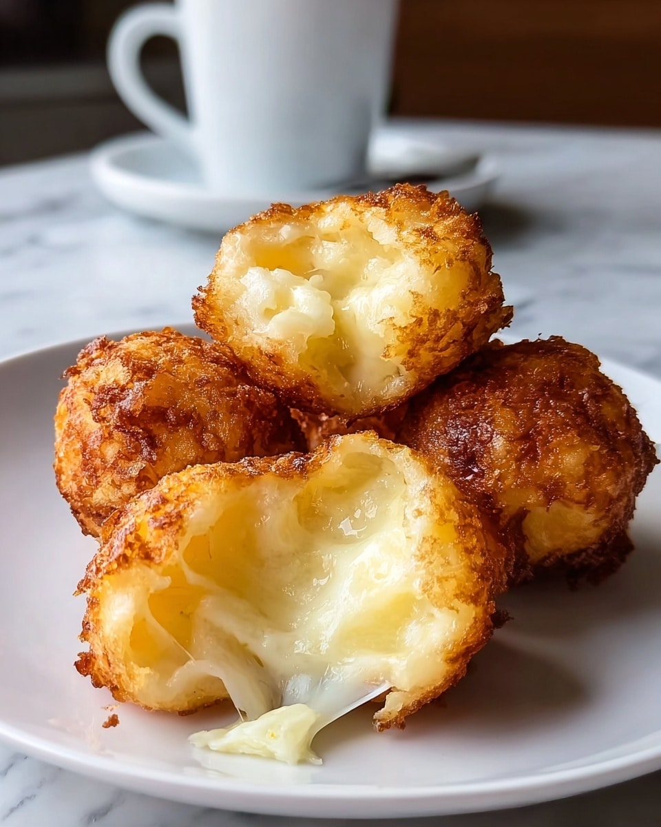 The image shows four golden-brown fried cheese balls on a white plate. One cheese ball is broken open in the front, revealing stretchy white melted cheese inside and a soft, creamy yellow filling, while the outer crust is crispy and slightly rough. The background has a blurred white cup and a white marbled surface. Photo taken with an iphone --ar 4:5 --v 7
