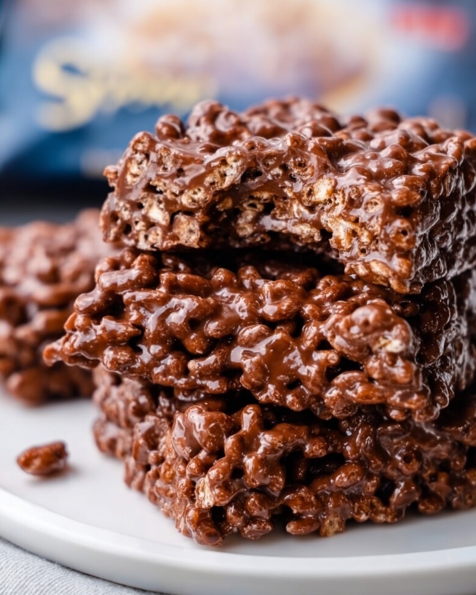 The image shows a close-up of a stack of chocolate rice crispy treats on a white plate, placed on a white marbled surface. The treats are made of puffed rice cereal coated in glossy milk chocolate, giving them a textured, uneven surface. The top treat has a bite taken out, revealing the crispy, crunchy inside with visible puffed rice grains. The background is softly blurred with hints of blue and yellow colors. photo taken with an iphone --ar 4:5 --v 7