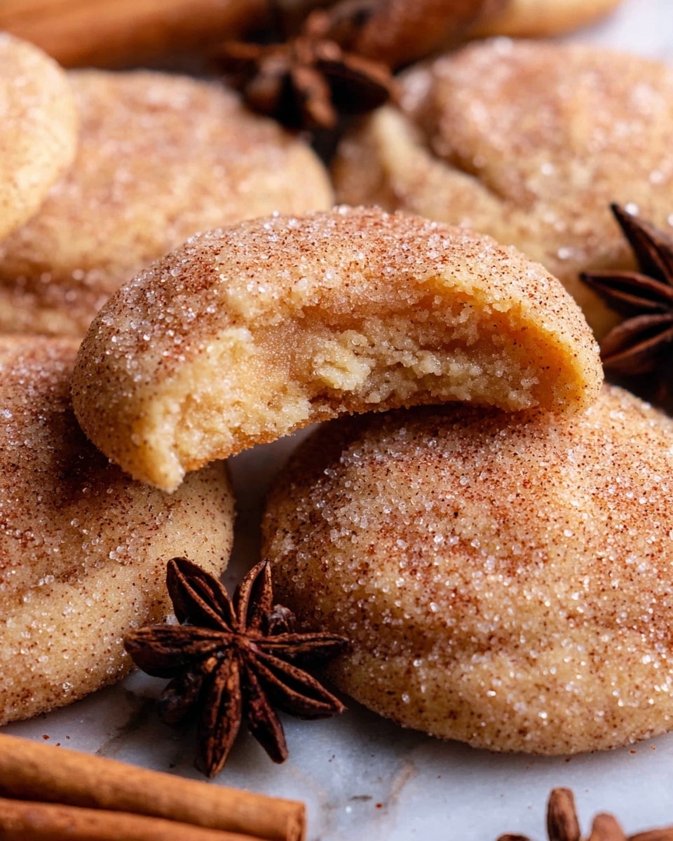 The image shows several round cookies coated generously in fine granulated sugar, giving them a sparkling, slightly rough light brown surface. Each cookie has a soft, thick texture and slight cracks on top, with one cookie showing a bite that reveals a warm, lighter, chewy inside. Around the cookies are dark brown star anise and cinnamon sticks, adding a rustic, spicy feel. The cookies rest on a white marbled surface with a close, cozy arrangement. Photo taken with an iphone --ar 4:5 --v 7