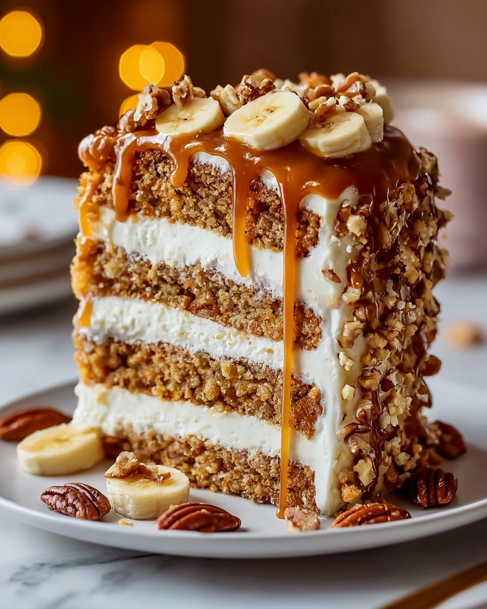 The image shows a tall, four-layer cake slice on a white plate with a white marbled texture surface. Each cake layer is golden brown with a crumbly texture, separated by thick, creamy white frosting layers. The top of the cake is covered in a glossy caramel sauce that drips down the sides, with chopped nuts stuck to the frosting on the cake's sides. The cake is topped with round banana slices and whole pecans, with extra pecans scattered on the plate around it. The background features soft, warm lights blurred out. photo taken with an iphone --ar 4:5 --v 7