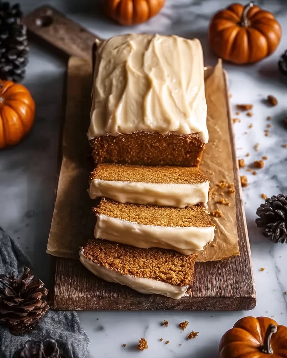 The image shows a loaf cake with creamy, light beige frosting on top, resting on parchment paper over a wooden cutting board. Four slices of the cake are cut and neatly stacked in front, each slice showing a moist, dense, dark golden brown interior. The setting includes small orange pumpkins and dark brown pine cones scattered around, placed on a white marbled surface. Crumbs are scattered near the slices, adding a rustic feel. The lighting highlights the smooth texture of the frosting and the crumbly cake inside. Photo taken with an iphone --ar 4:5 --v 7