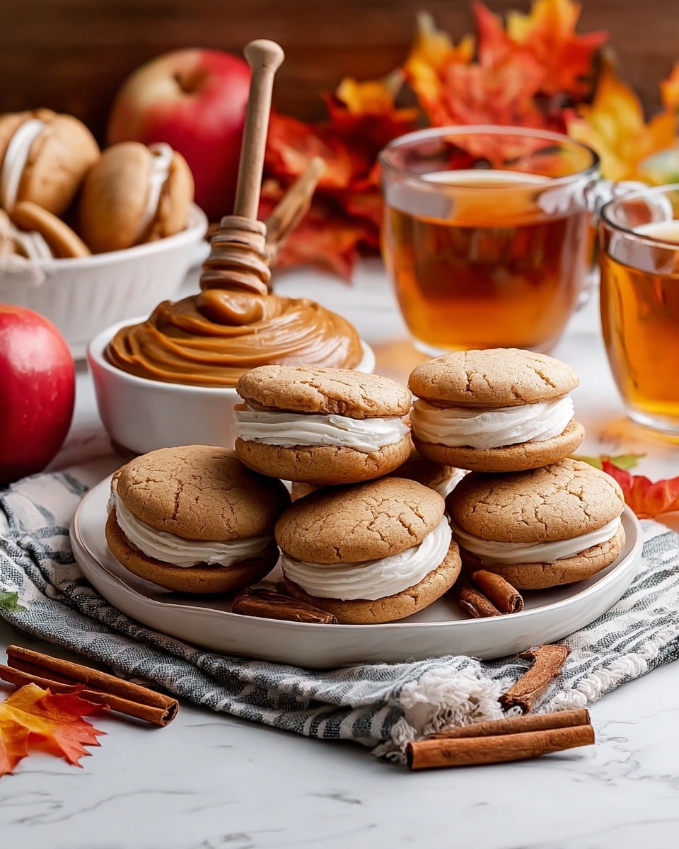 A white round plate holds five light brown sandwich cookies with a cracked texture, each with a thick swirl of smooth, creamy white filling in the center. The cookies are arranged close together on the plate, with three cinnamon sticks and a few loose cinnamon pieces scattered around them. Behind the plate, there is a small white bowl filled with a thick caramel-colored spread with two cinnamon sticks inside. To the side, two clear glass mugs filled with amber-colored tea sit on a striped cloth on a white marbled surface, accompanied by a red apple and colorful autumn leaves. Photo taken with an iphone --ar 4:5 --v 7