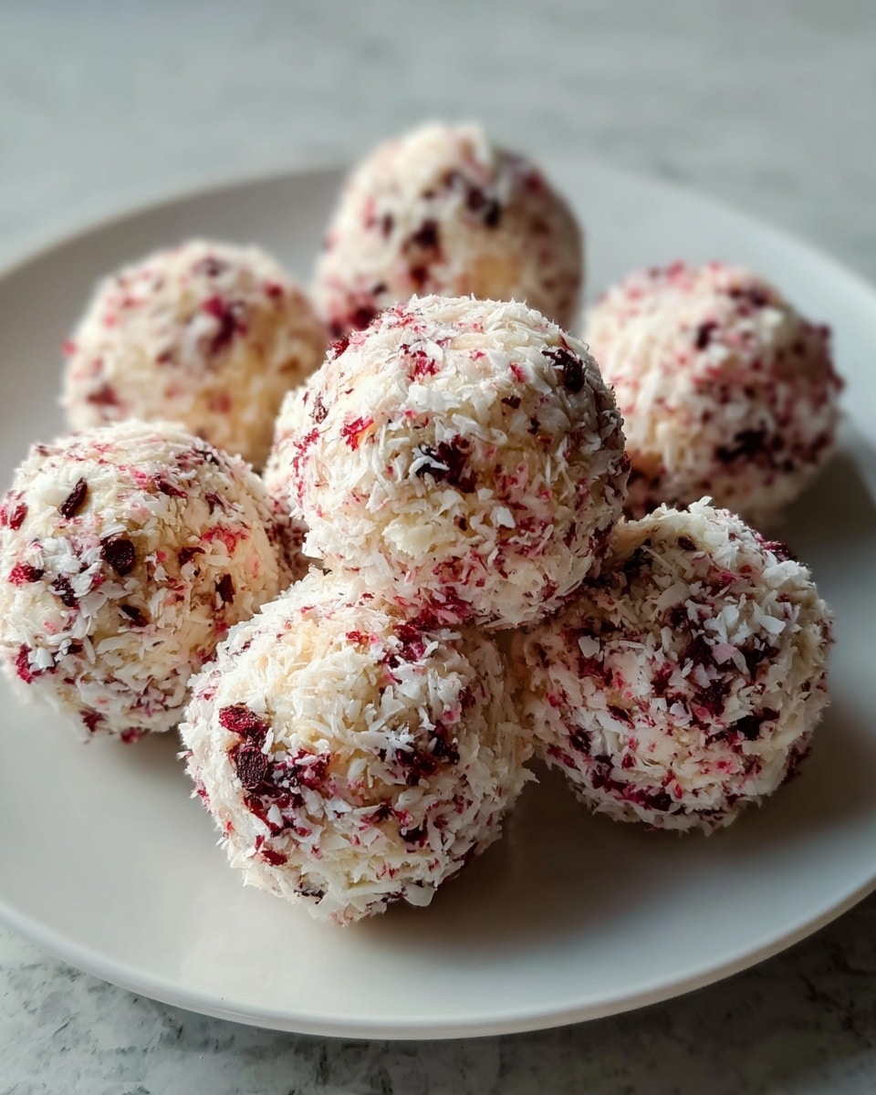 The image shows a close-up of eight round balls arranged on a white plate. Each ball has a textured surface covered in white and cream colors with scattered dark red bits, giving a speckled look. The balls are roughly the same size and closely grouped together, with the center ball sharp and detailed while the others softly blur into the background. The plate sits on a white marbled surface that contrasts softly with the colorful balls. The image is bright with natural light highlighting the texture and color of the balls. photo taken with an iphone --ar 4:5 --v 7