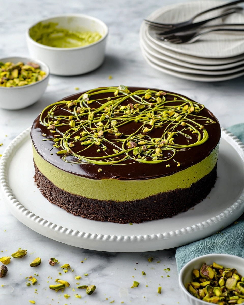 A three-layer round dessert on a white plate with a bead edge sits on a white marbled textured surface. The bottom layer is thick, dark brown, and looks like moist chocolate cake. The middle layer is a bright green, creamy mousse with a smooth texture. The top layer is shiny dark chocolate ganache, decorated with bright green swirls of sauce and scattered slivered green nuts, possibly pistachios. Around the dessert, more green nut pieces are spread casually. Nearby, a white bowl holds a green creamy mixture, a small bowl contains more green nut pieces, and two stacked white plates with two forks rest at the upper right. photo taken with an iphone --ar 4:5 --v 7