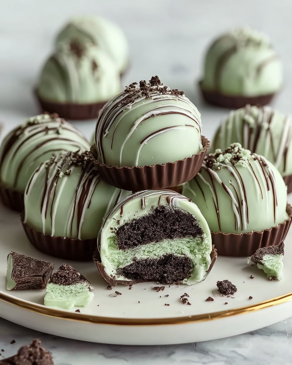 The image shows a group of round truffles on a white plate with a gold rim, placed on a white marbled surface. Each truffle has three visible layers: the bottom layer is a dark chocolate cup, the middle layer is a light mint green coating with a smooth texture, and the top is decorated with thin drizzles of dark and white chocolate stripes. One truffle is cut in half and placed on top of another, revealing an inside with thick mint green cream, a center of dark chocolate crumbs, and a thin dark chocolate shell. Crumbs and small pieces of mint chocolate are scattered around the plate. Photo taken with an iphone --ar 4:5 --v 7