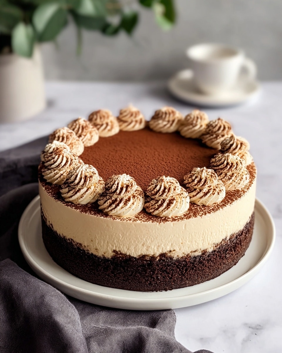 A round cake with two clear layers sits on a white plate. The bottom layer is dark brown, dense and crumbly, while the top layer is thick, creamy, and light beige in color. The top surface is dusted evenly with cocoa powder and decorated around the edge with evenly spaced swirls of light beige cream, each topped lightly with cocoa powder. The white plate rests on a white marbled surface with a soft dark gray cloth partly under it. In the background, a white cup and some green leaves are softly blurred. Photo taken with an iphone --ar 4:5 --v 7