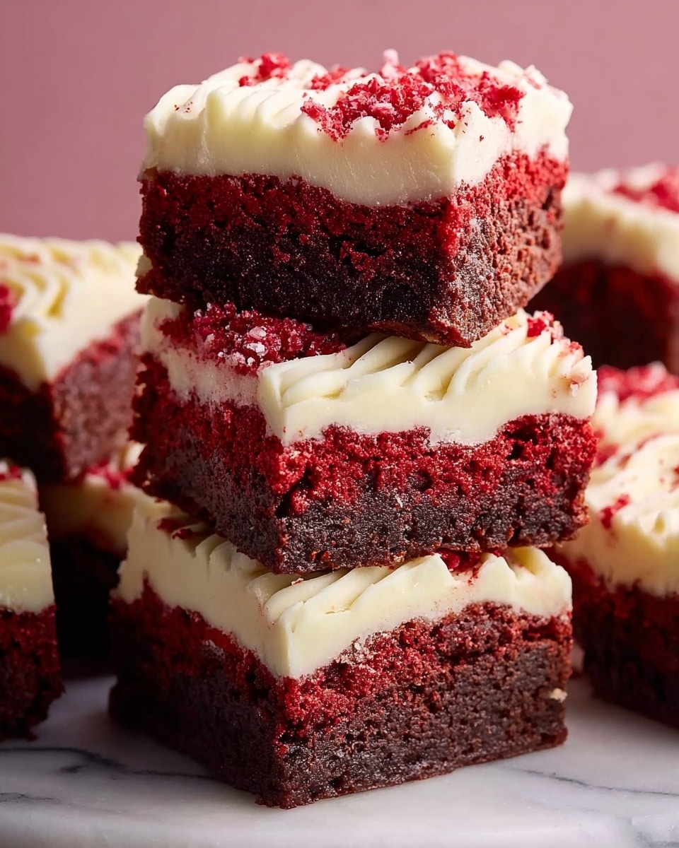 The image shows a close-up of four square red velvet brownie pieces stacked on a white marbled surface. Each brownie has three layers: the bottom layer is dark, rich, and fudgy chocolate brown; the middle layer is bright red and moist with a crumbly texture; the top layer is thick, creamy, and smooth white frosting with a wavy pattern on some pieces and sprinkled with coarse sugar and crumbly red bits on the topmost piece. The background is soft pink, making the colors of the brownies stand out clearly. photo taken with an iphone --ar 4:5 --v 7