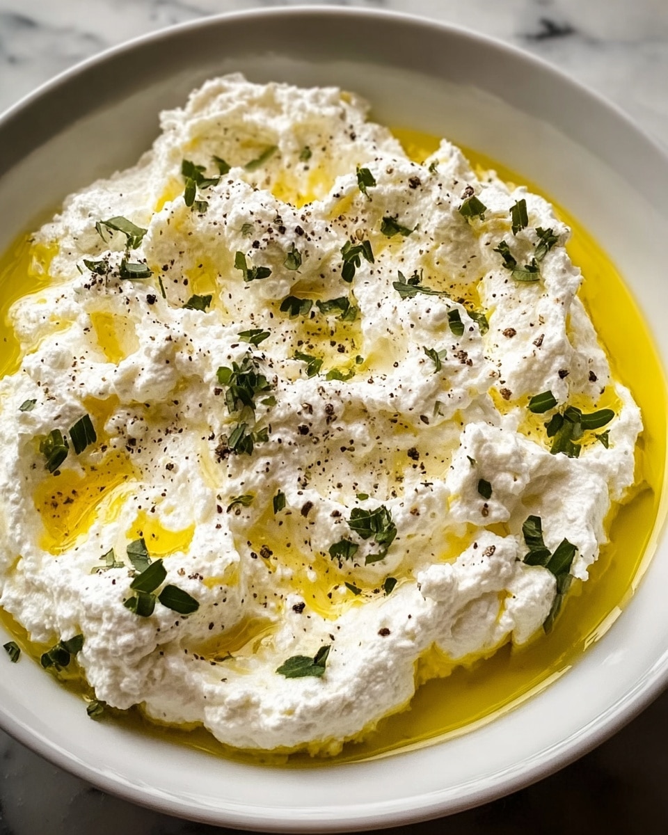 A white bowl holds one thick layer of soft, whipped white cheese with a slightly uneven, fluffy texture. The cheese is topped with small green herb leaves scattered evenly across the surface. Golden yellow olive oil is drizzled over, pooling slightly in low areas of the cheese, creating a light sheen. There is also a sprinkling of coarse black pepper spread over the top, contrasting with the white cheese. The bowl sits on a white marbled surface. photo taken with an iphone --ar 4:5 --v 7