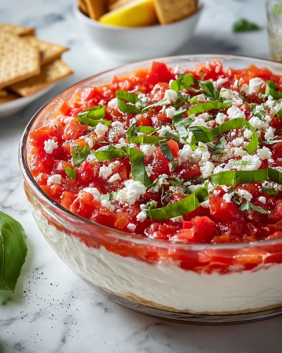 A clear glass bowl contains a three-layered dish starting with a thick, smooth, and creamy white base. The middle layer consists of bright red, small diced tomatoes spread evenly on top. The top layer is scattered with thinly sliced green basil leaves and crumbled white cheese, along with small black pepper specks adding texture. The bowl is placed on a white marbled surface, with a blurred lemon wedge and white bowl of crackers in the background. Photo taken with an iphone --ar 4:5 --v 7