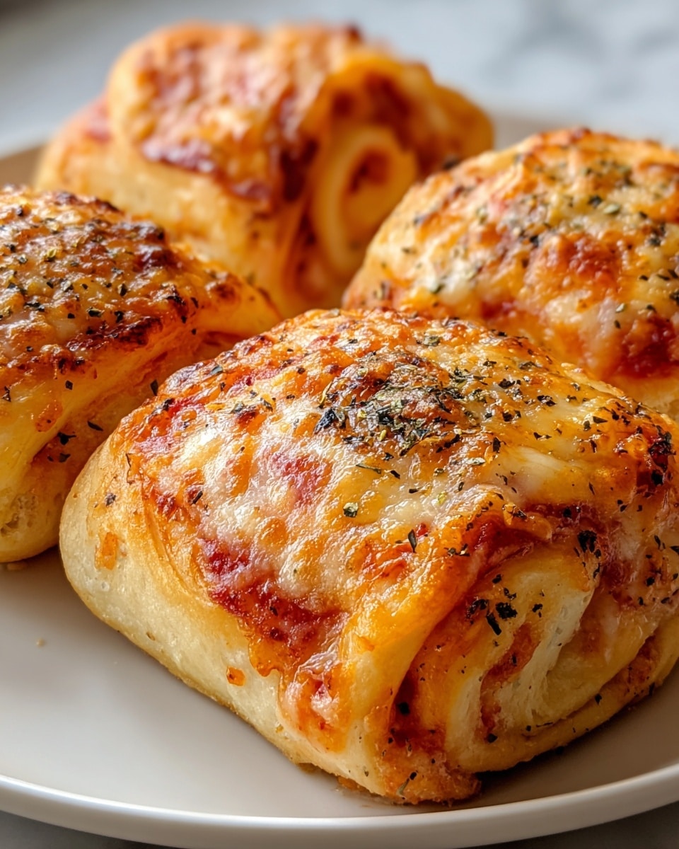 Three baked pizza rolls sit side by side on a white plate placed on a white marbled surface. Each roll has a golden-brown crust with melted, bubbly cheese covering the top, sprinkled with small bits of oregano and black pepper. The visible ends show a layer of tomato sauce mixed with melted cheese inside the soft, slightly flaky dough. The rolls look warm and fresh, with a shiny, slightly oily texture on top. photo taken with an iphone --ar 4:5 --v 7