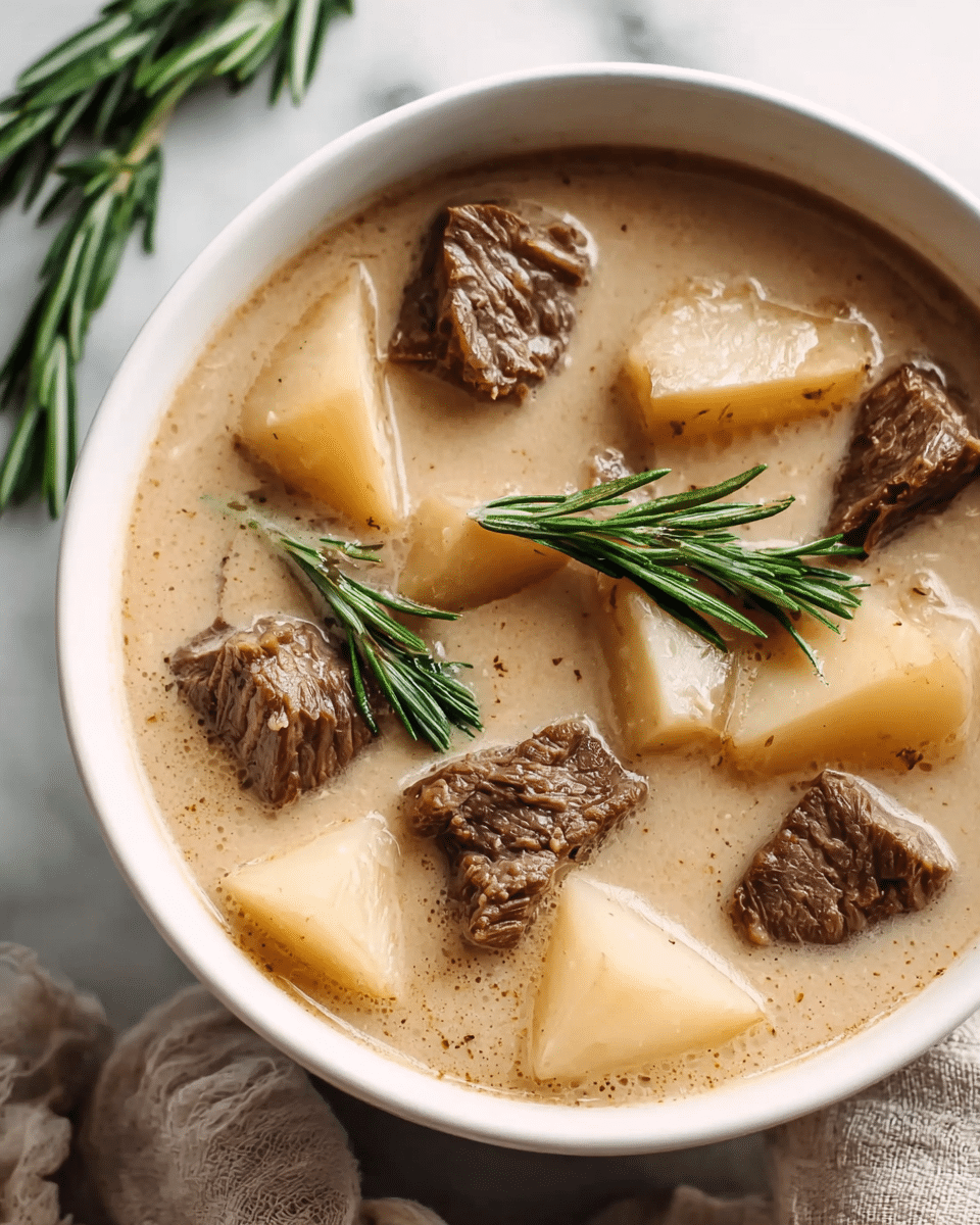 A close-up view of a white bowl filled with creamy light beige soup containing several chunks of brown cooked beef and large white potato pieces, garnished with fresh green rosemary sprigs laying on top, all placed on a white marbled surface with part of a beige cloth visible near the bowl. Photo taken with an iphone --ar 4:5 --v 7
