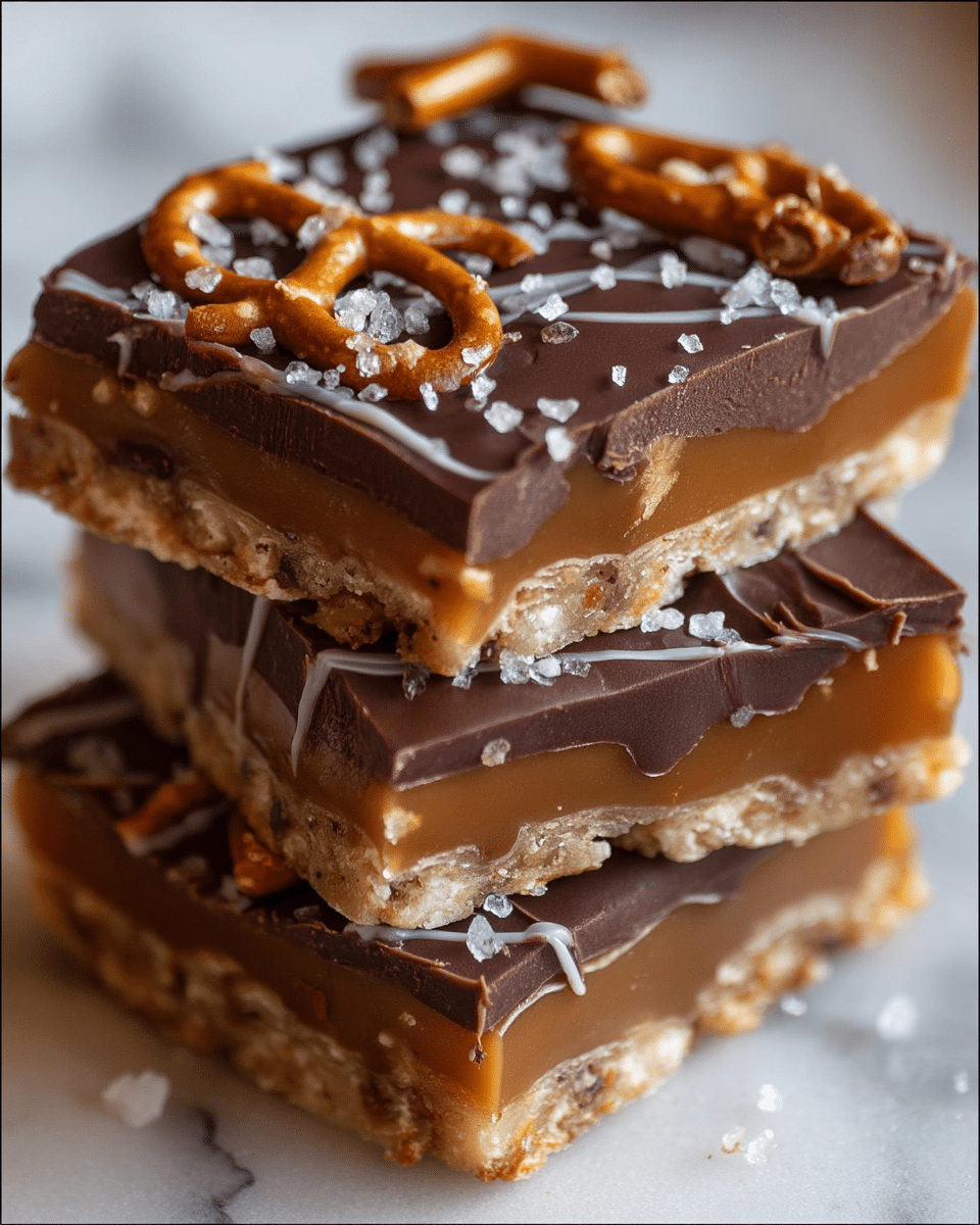 The image shows three stacked pieces of a sweet treat with three distinct layers. The bottom layer is a light brown, crunchy base with visible crunchy bits. The middle layer is a smooth, rich caramel with pretzel sticks sticking out. The top layer is a thick milk chocolate layer decorated with thin dark chocolate drizzles and sprinkled with coarse sea salt crystals. The stack sits on a white marbled textured surface. photo taken with an iphone --ar 4:5 --v 7