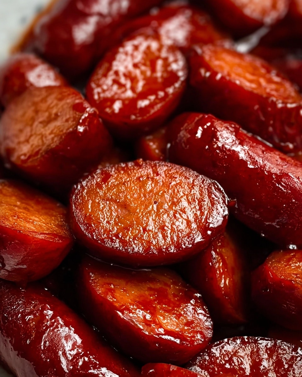 The image shows thick slices of cooked sausage with a shiny, reddish-brown glaze. Each sausage piece has a smooth but slightly textured surface, glistening as if coated in a rich sauce. They are piled closely together, filling the entire frame with no visible plate or background other than a white marbled texture. The overall look is juicy and glossy, emphasizing the rich color and texture of the cooked sausage. photo taken with an iphone --ar 4:5 --v 7
