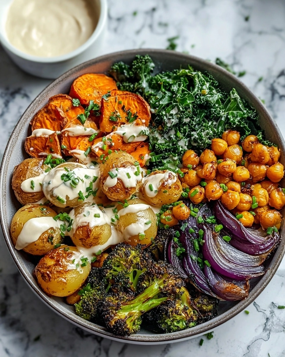 A bowl filled with four main layers arranged side by side: bright orange roasted sweet potato slices on the left, followed by some halves of golden roasted baby potatoes topped with a creamy white sauce and chopped green herbs, next to sautéed dark green kale leaves with a drizzle of creamy sauce, and on the right side, golden chickpeas mixed with small green chive pieces. There are also roasted broccoli florets with a slightly charred dark green and blackened texture near the front. Purple cooked onion slices are mixed lightly with the potatoes and broccoli. In the background, a small white bowl containing a creamy white sauce is partially visible. The bowl is placed on a white marbled surface. Photo taken with an iphone --ar 4:5 --v 7