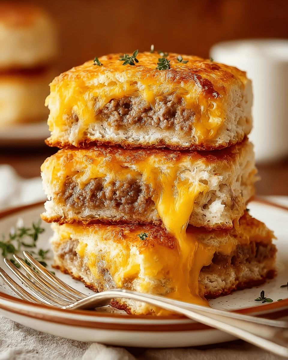 A stack of three square breakfast sandwiches sit on a white plate with a brown rim on a white marbled texture. Each sandwich has three visible layers: the top layer is golden brown melted cheese with small green herb pieces on the top sandwich; the middle layer is a light, fluffy biscuit-like bread with a slightly crispy texture; the inner layer shows cooked ground sausage with a crumbly texture. The cheese oozes out between the layers, adding a rich yellow-orange tone. A silver fork rests beside the bottom sandwich. The background is softly blurred with warm tones. photo taken with an iphone --ar 4:5 --v 7