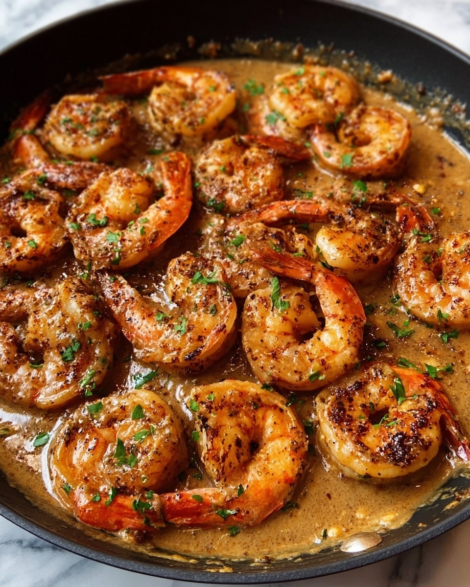 A close-up image shows a pan full of cooked shrimp covered in a creamy, light brown sauce with specks of black pepper and herbs. The shrimp are plump, orange-pink in color, curled and evenly spread over the sauce, which has a smooth and slightly thick texture. Small green herb pieces are scattered on top, adding a fresh contrast. The pan surface looks slightly glossy from the sauce, and the overall appearance is warm and inviting. Photo taken with an iphone --ar 4:5 --v 7