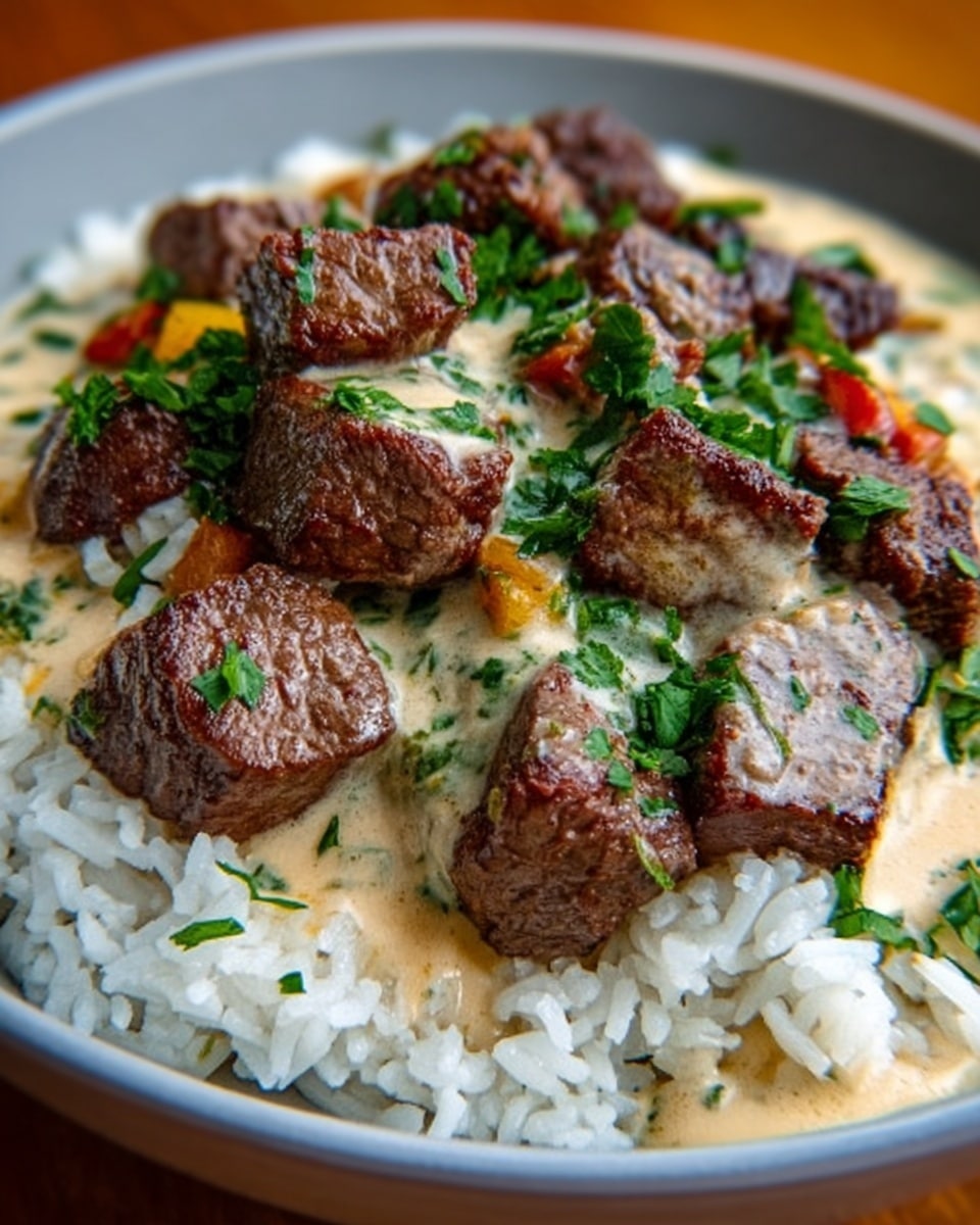 The dish shows one layer of creamy white rice with a soft, slightly shiny texture at the bottom. On top, there is a layer of small, dark brown beef pieces that look tender and slightly seared. Over the beef, a thick, light beige creamy sauce is poured, covering parts of the meat and rice, giving a rich and smooth appearance. Green chopped parsley is scattered on top, adding bright color and freshness to the dish. All of this is placed in a white bowl set on a white marbled surface. photo taken with an iphone --ar 4:5 --v 7