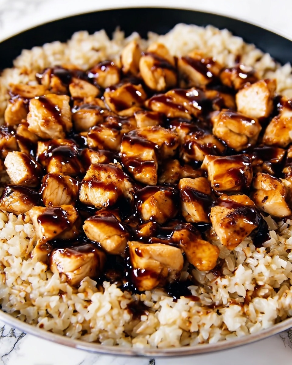 A close-up of a dish in a white bowl filled with two main layers: the bottom layer is fluffy, light brown cooked rice with a slightly glossy texture, and the top layer consists of small, golden-brown grilled chicken cubes with char marks. The chicken pieces are spread evenly on top of the rice and have a shiny dark sauce drizzled over them, adding a glaze and contrast to the colors. The background shows a white marbled texture. photo taken with an iphone --ar 4:5 --v 7