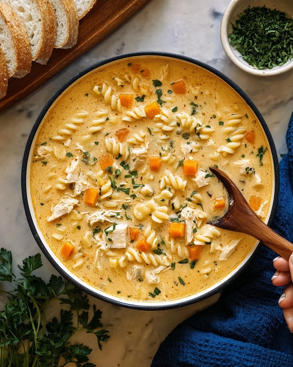 A large white ceramic pot filled with creamy chicken soup featuring three visible layers: a rich pale yellow broth forms the base, mixed with spiraled pasta pieces providing a textured mid-layer, and scattered diced white chicken chunks along with orange carrot cubes and small green herbs float on top, adding color contrast. A wooden spoon rests inside the pot on the right side, partially immersed in the soup. Next to the pot, there is a small white bowl with chopped green herbs and a large wooden spoon placed on a white marbled surface, along with a white plate holding two slices of bread draped with a blue-gray cloth. Photo taken with an iphone --ar 4:5 --v 7