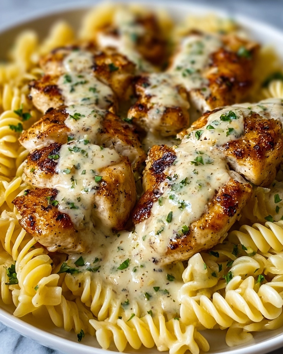 The image shows a close-up of several pieces of golden-brown grilled chicken, each topped with a creamy, light beige sauce sprinkled with small herbs. The chicken pieces are placed on a bed of creamy pasta with short, ridged noodles that have a pale yellow color and smooth texture. Small green herb bits are scattered over the dish adding a touch of fresh color. The background is a white marbled surface. photo taken with an iphone --ar 4:5 --v 7