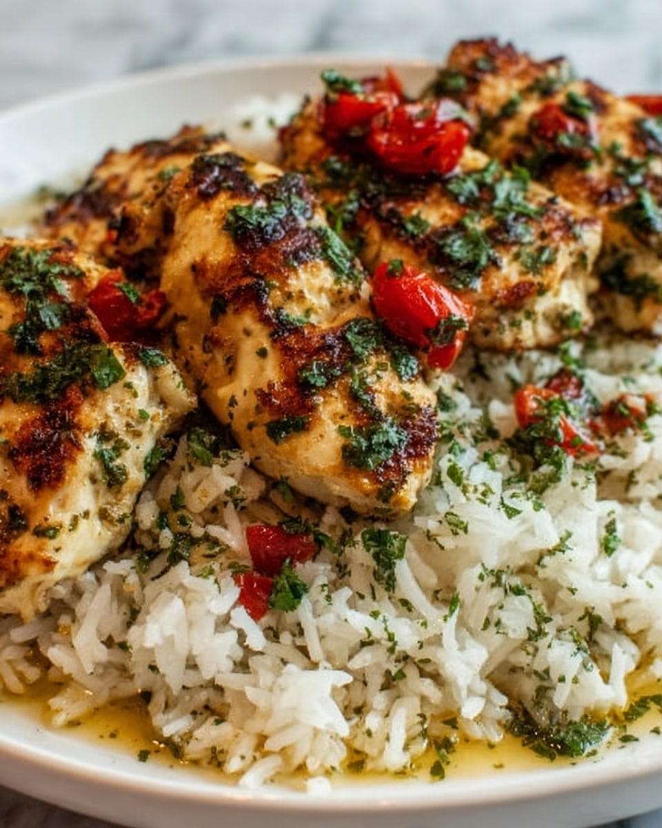 This image shows a close-up of a dish with grilled pieces of chicken placed on top of a bed of white rice mixed with herbs. The chicken pieces are golden brown with grill marks, slightly charred, and garnished with chopped green herbs and small red tomato pieces. The rice underneath is fluffy, white, and speckled with fine green herbs. The dish is set on a white plate on a white marbled surface. photo taken with an iphone --ar 4:5 --v 7