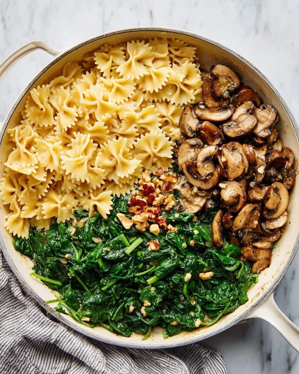 The image shows a white pan filled with three clear parts: on the top left is a layer of light yellow farfalle pasta with a slightly rough texture; on the top right is a layer of sautéed brown mushrooms with a soft, slightly shiny texture; and along the bottom is a layer of dark green cooked spinach with a slightly wet look. There are small bits of chopped walnuts scattered on top near the middle. The pan sits on a white marbled surface with a gray and white striped cloth nearby. Photo taken with an iphone --ar 4:5 --v 7