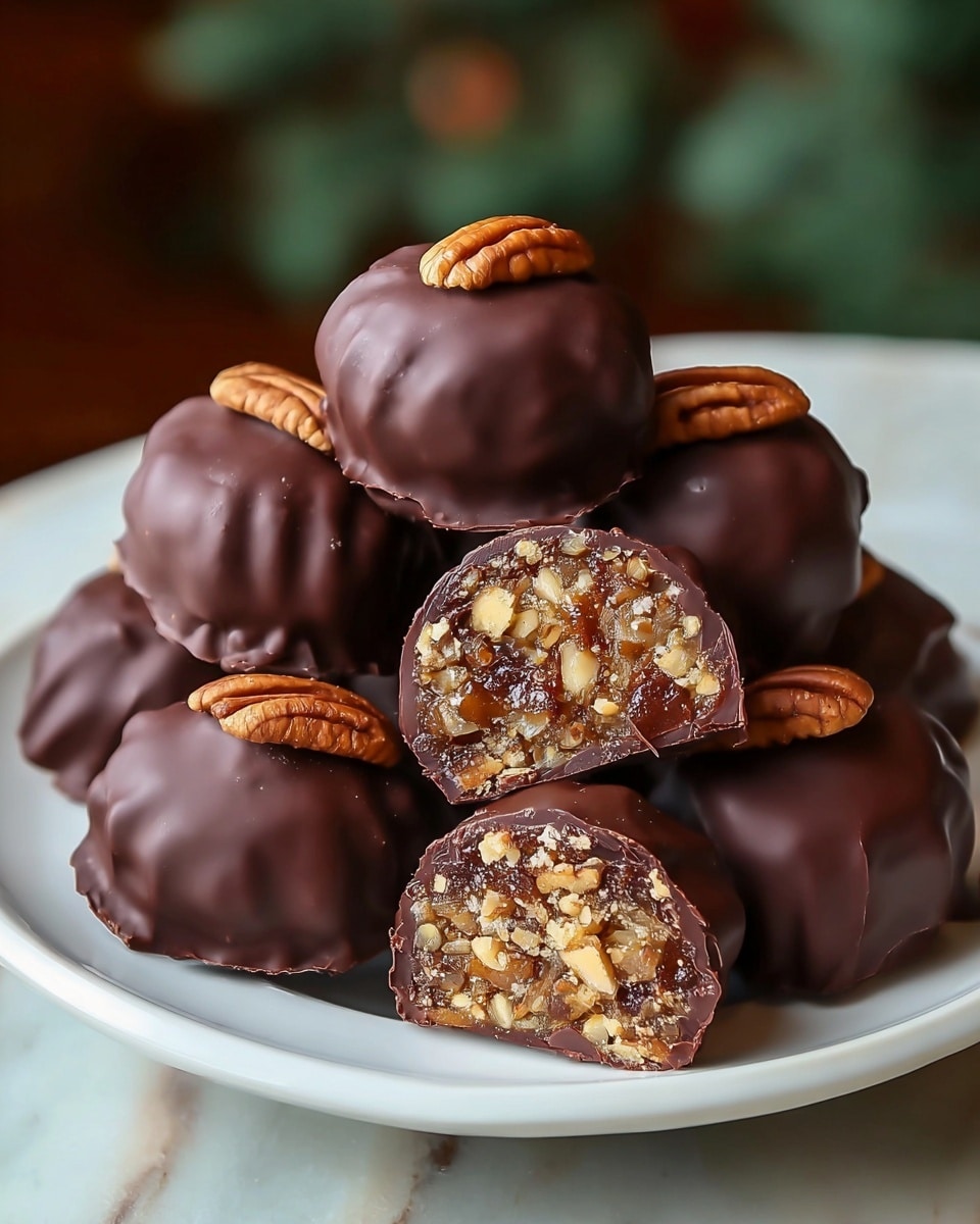A white plate holds a pile of round chocolate-covered treats, each topped with a golden-brown pecan half. The outer layer is smooth, shiny dark chocolate with slight ridges. One piece is cut in half, showing the inside filled with a mixture of chopped nuts and a sticky, caramel-like filling in a light brown color with small nut pieces embedded. The nuts look glossy and crunchy against the textured filling. The plate is set on a white marbled surface, softly lit with a blurred green and brown background. photo taken with an iphone --ar 4:5 --v 7