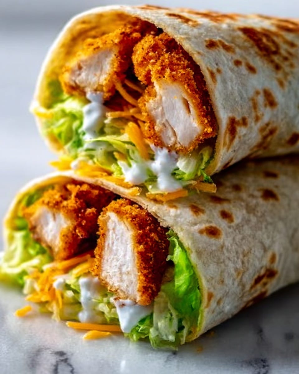 A close-up view of two wraps cut in half, each with three main layers. The outer layer is a light beige flour tortilla with small brown toasty spots. Inside, the middle layer is made of shredded green lettuce, bright and fresh. The top layer has several pieces of crispy golden-brown breaded chicken placed on the lettuce, with orange shredded cheddar cheese scattered around. White creamy sauce is drizzled slightly around the edges of the chicken and lettuce. The wraps sit on a white marbled surface. photo taken with an iphone --ar 4:5 --v 7