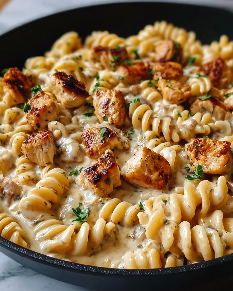The image shows a close-up of a black pan filled with creamy twisted pasta and grilled chicken pieces. The pasta is coated in a smooth, light beige sauce that looks rich and creamy. On top, there are small, golden-brown grilled chicken chunks scattered evenly, with some pieces showing slight char marks for texture. Small green parsley leaves are sprinkled across the dish, adding a touch of color. The background surface is a white marbled texture. Photo taken with an iphone --ar 4:5 --v 7