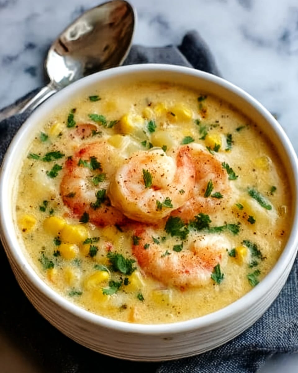 A white bowl filled with creamy yellow corn chowder topped with large pink shrimp and chopped green herbs. The soup looks thick with visible corn kernels and small pieces of potato. The bowl is placed on a white marbled surface with a silver spoon beside it. photo taken with an iphone --ar 4:5 --v 7