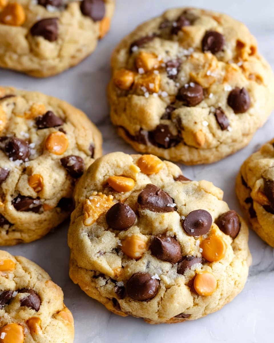The image shows soft, thick cookies with a light golden-brown base, each topped with scattered dark brown chocolate chips and bright orange butterscotch chips that are slightly melted and glossy. The cookie surface is slightly crinkled, showing a chewy texture, and sprinkled with a few grains of coarse salt adding a bit of white contrast on top. The cookies are placed closely together on a white marbled surface, highlighting their warm tones and rich details. Photo taken with an iphone --ar 4:5 --v 7