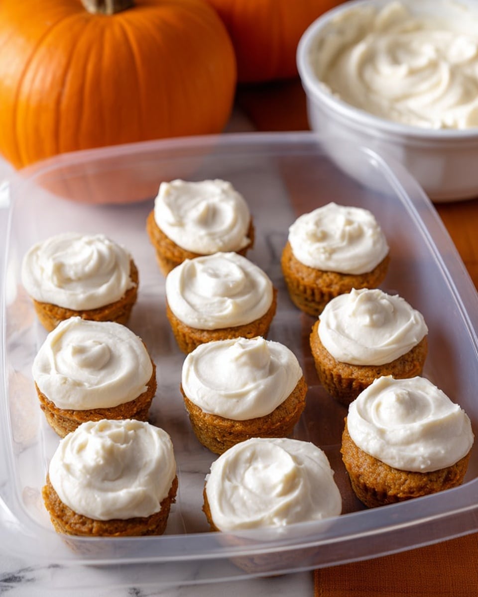 A clear plastic container holds twelve small cupcake-shaped treats arranged in three rows, each topped with a thick, smooth layer of white frosting with visible swirls. The cupcakes have a golden-brown color beneath the frosting, showing a moist, slightly crumbly texture. In the background, there is an orange pumpkin on the left and a white bowl filled with more white frosting on the right, both set on a white marbled surface. The image has a warm and inviting autumn feel. photo taken with an iphone --ar 4:5 --v 7