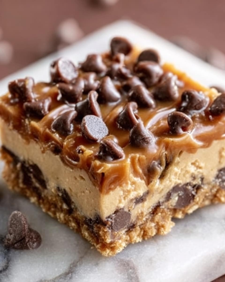 The image shows a close-up of a layered dessert square placed on a white marbled surface. It has three distinct layers: a bottom layer that looks like a crunchy, brown cookie crust; a middle layer of creamy, beige filling with a smooth texture; and a top layer covered with caramel sauce and many dark brown chocolate chips spread evenly. The edges of the dessert are clean and the caramel looks glossy, making the whole piece look rich and sweet. Photo taken with an iphone --ar 4:5 --v 7