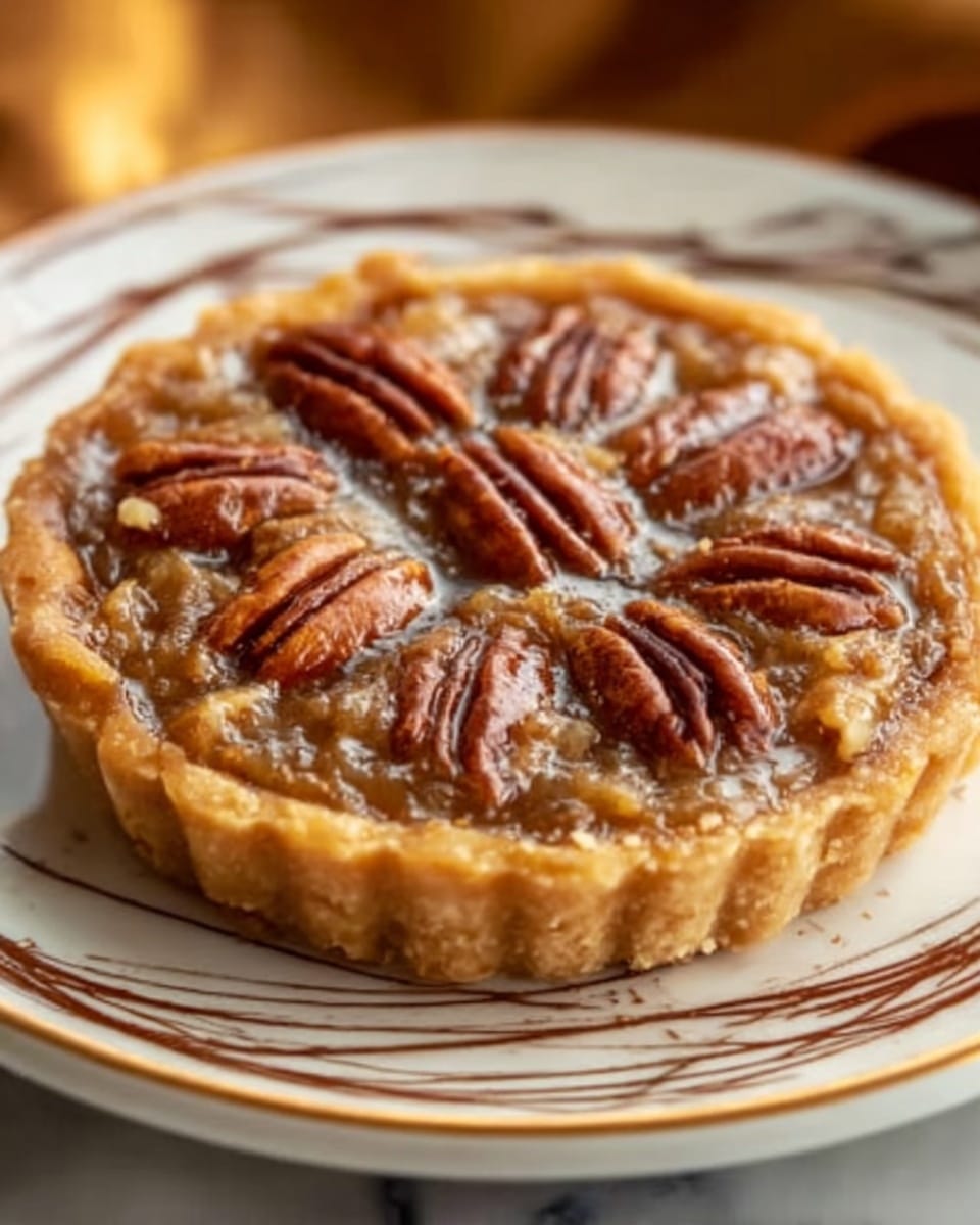 Two small pecan pies sit side by side on a white plate with a gold leaf design around the rim. Each pie has a thick, golden-brown crust with a slightly rough texture. The filling is light brown and gooey, filled with whole and halved glossy pecans that are dark brown and arranged evenly on top. The pies look warm and inviting, and the plate is set on a white marbled surface. Photo taken with an iphone --ar 4:5 --v 7