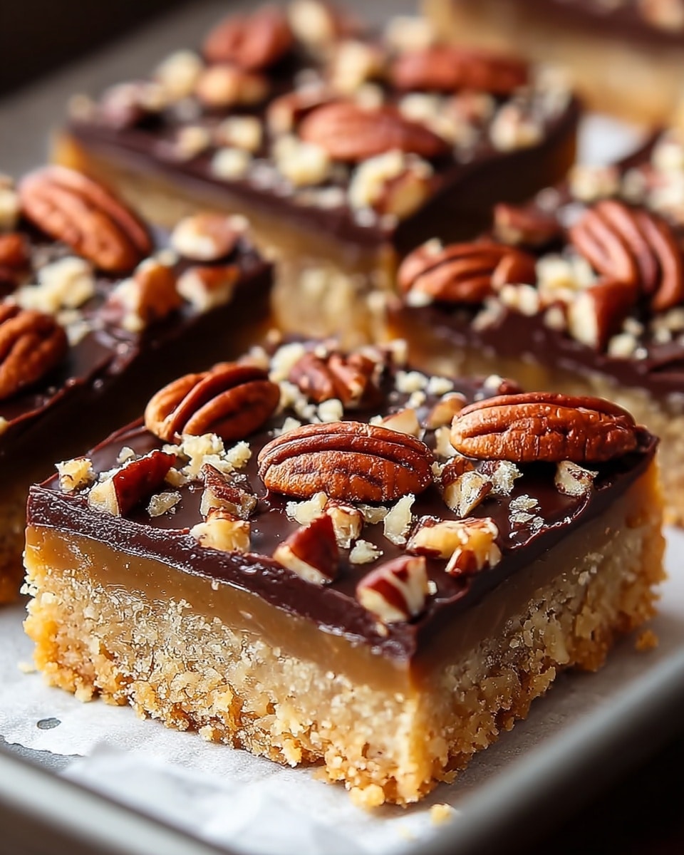 This image shows a close-up of two square dessert bars in a baking tray lined with parchment paper. Each bar has three visible layers: the bottom layer is a crumbly, golden-brown crust, the middle layer is a smooth, light caramel color, and the top layer is a thick, glossy dark chocolate spread evenly. The chocolate layer is topped with whole and chopped pecans, giving a mix of reddish-brown and tan nut textures scattered all over. The background has a white marbled texture. photo taken with an iphone --ar 4:5 --v 7