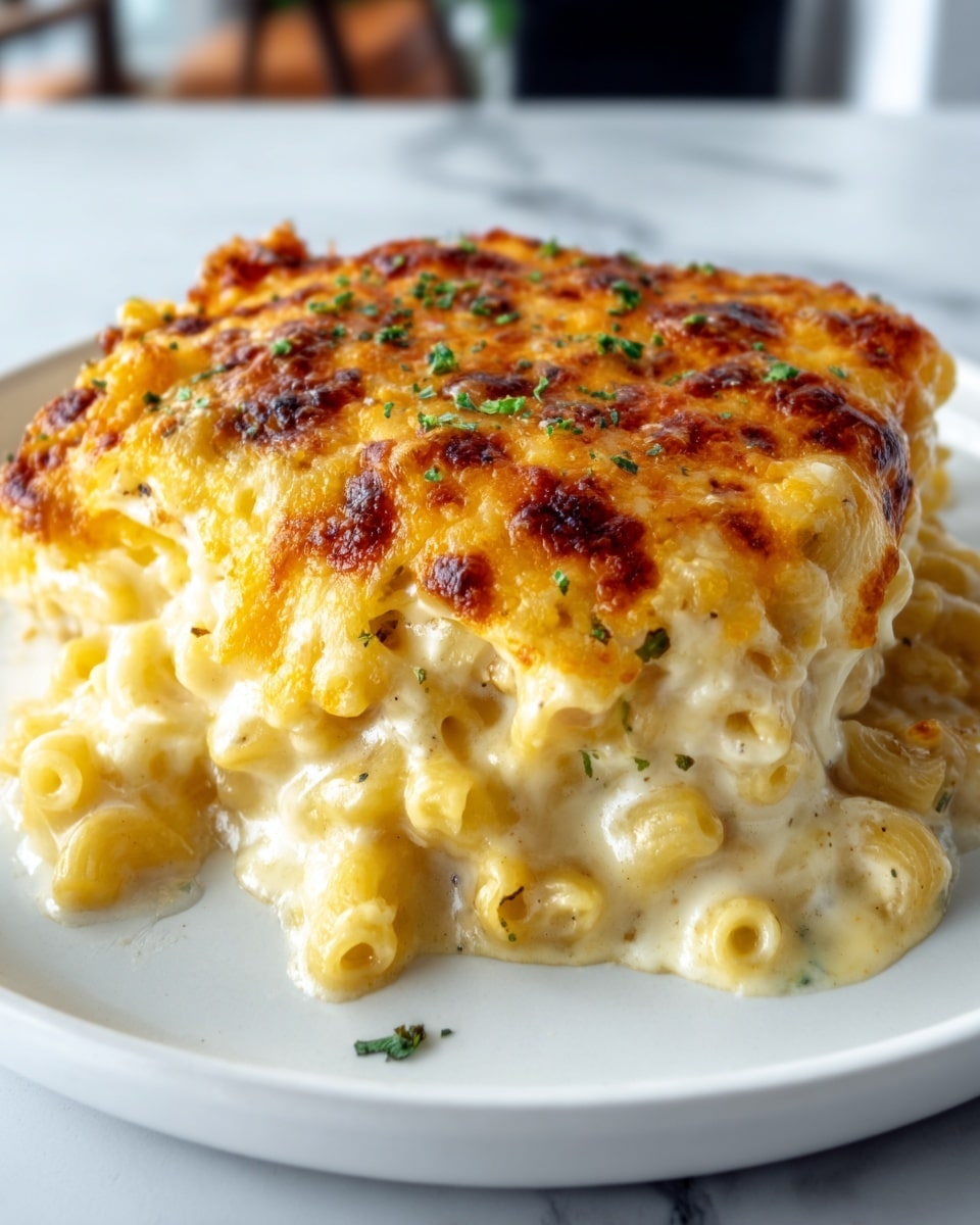 A close-up of a white plate with creamy macaroni and cheese. The dish has visible elbow macaroni covered in a thick, melted cheese sauce that is golden brown and slightly crispy on top. Small bits of browned cheese add texture and contrast against the smooth, cheesy surface. The cheese sauce looks rich and gooey, oozing slightly off the edge of the plate. Green garnish is lightly sprinkled on the cheese for a touch of color. The setting has a white marbled surface in the background. Photo taken with an iphone --ar 4:5 --v 7