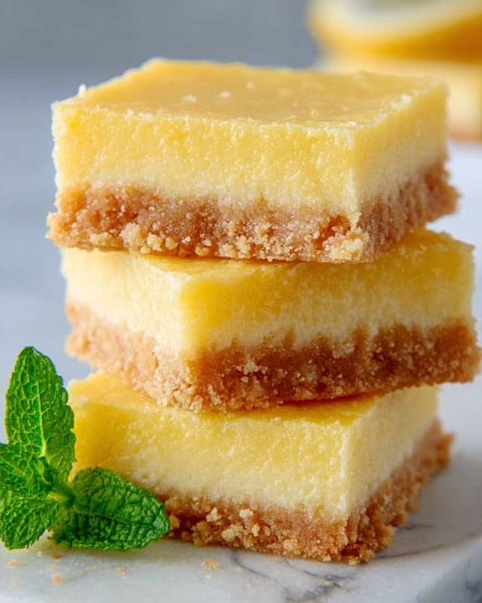 The image shows three square lemon bars stacked vertically on top of each other, each with two distinct layers; the bottom layer is a crumbly, light brown crust with a rough texture, while the top layer is a smooth, thick, pale yellow lemon filling with a slightly glossy finish. The stack is placed on a white surface with a white marbled texture, and a sprig of fresh green mint leaves is visible to the left side, adding a fresh touch to the scene. The photo taken with an iphone --ar 4:5 --v 7