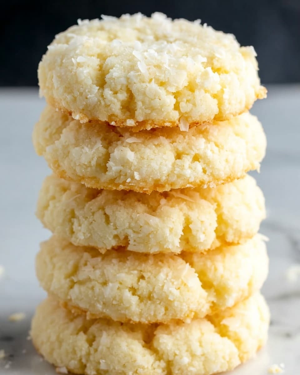 The image shows a close-up of a stack of four soft, round coconut cookies with a pale, creamy white color and a slightly crumbly texture. Each cookie has a consistent thickness and is neatly piled on top of each other, with a smooth yet slightly uneven surface that highlights the shredded coconut bits. The background is blurred with a dark tone which contrasts with the light cookies, set against a white marbled surface. photo taken with an iphone --ar 4:5 --v 7