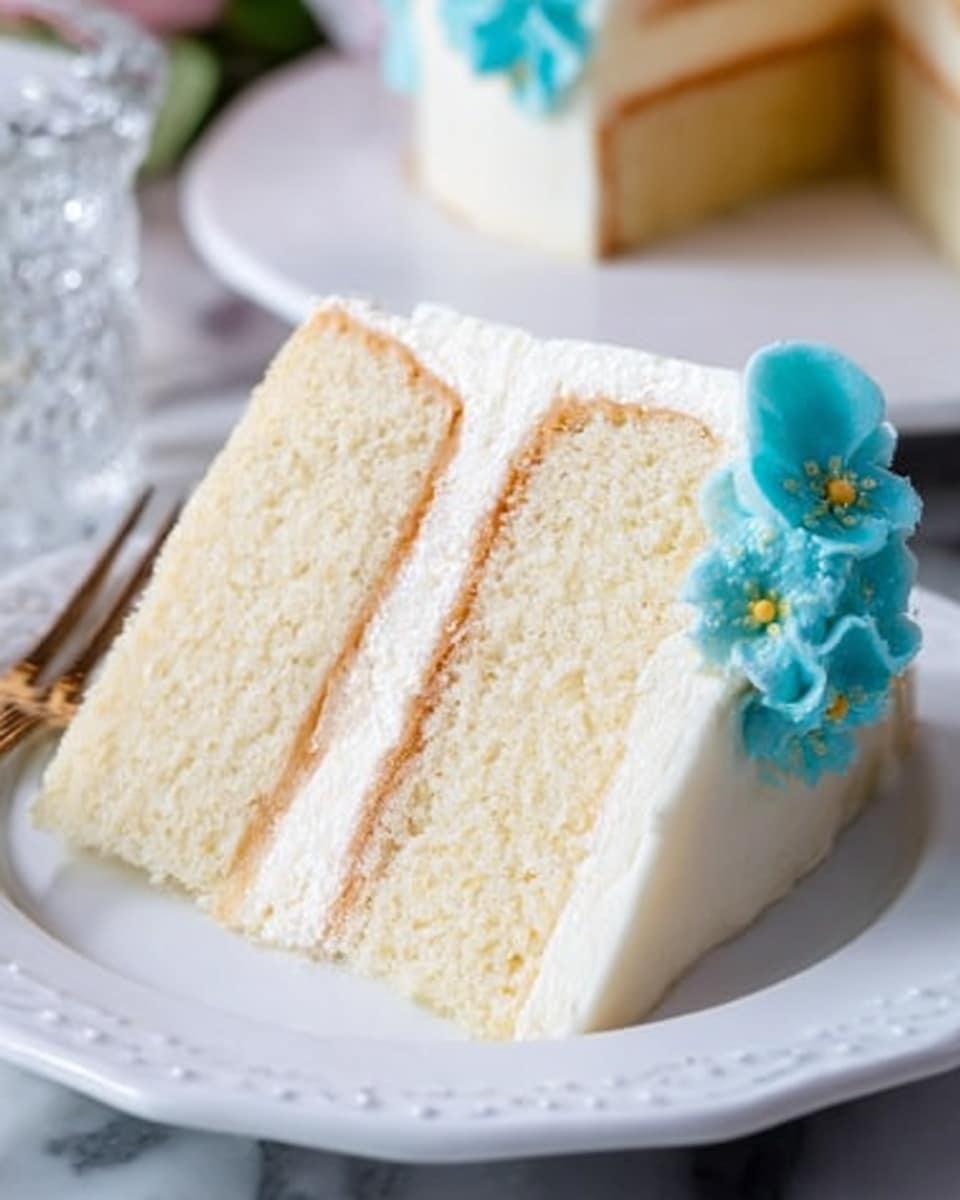 The image shows a slice of white cake with two thick layers of soft, fluffy cake separated by a thin layer of light brown filling. The cake is covered in smooth white frosting all around the outside. On the right side of the slice, there are small blue frosting flowers with delicate details and tiny yellow dots in the center. The slice is placed on a white plate with a slightly raised, decorative edge, set on a white marbled surface. In the background, part of a glass container and another slice of cake on a white plate are visible but out of focus. Photo taken with an iphone --ar 4:5 --v 7
