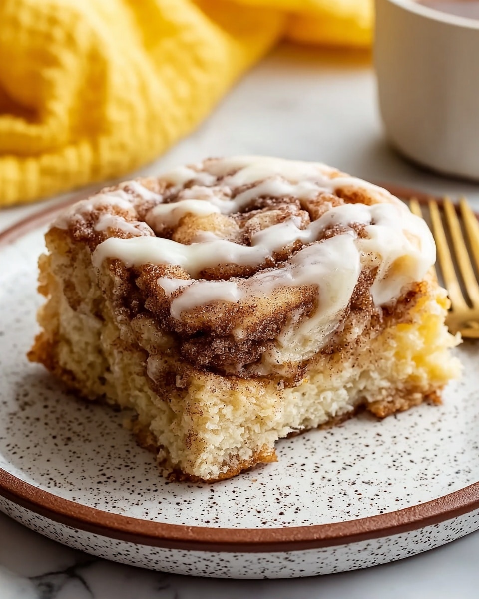 A close-up of a cinnamon roll square with two visible layers of soft, light brown dough filled with a thick swirled layer of cinnamon sugar. The top is covered with a creamy white icing drizzled unevenly that contrasts with the speckled cinnamon on the dough's surface. The dessert is served on a round white plate with dark speckles and a thin brown rim, sitting on a white marbled surface. In the background, there is a blurry yellow cloth and part of a white cup, adding subtle color to the scene. Photo taken with an iphone --ar 4:5 --v 7