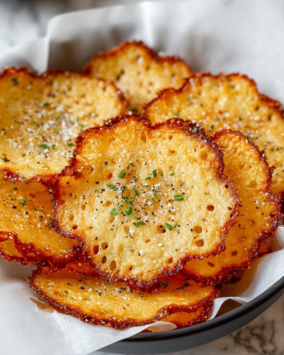 A white bowl lined with white parchment paper holds a pile of golden-brown, crispy cheese crisps with slightly uneven edges. Each crisp is thin and round with a bubbly, crunchy texture, showing darkened, toasted spots around the edges and tiny holes throughout. They are sprinkled with coarse salt, cracked black pepper, and small bits of green herbs scattered evenly over the top. The crisps are stacked casually on top of each other, revealing their delicate, lacy appearance. The background is a white marbled texture. photo taken with an iphone --ar 4:5 --v 7
