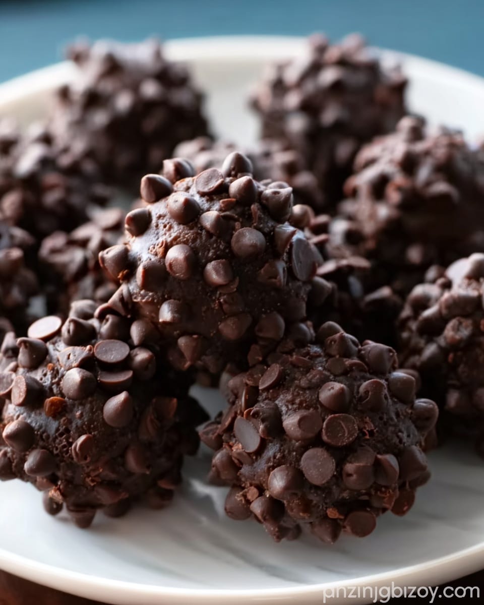 A group of small, round chocolate treats are shown on a white plate. Each treat has a rough, bumpy surface because many small chocolate chips cover them all over. The chocolate balls are dark brown with a slightly shiny texture, making the chocolate chips stand out. The plate is filled with these treats placed close together, and the white marbled background is slightly out of focus to highlight the chocolates. Photo taken with an iphone --ar 4:5 --v 7