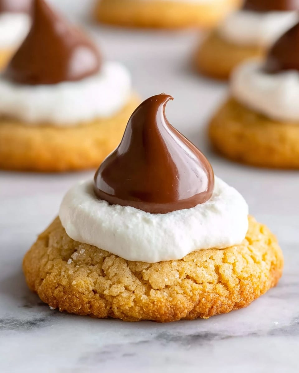 A close-up view of a single cookie with three visible layers: the bottom layer is a golden brown, slightly cracked baked cookie with a crumbly texture, the middle layer is a smooth, thick ring of white frosting placed neatly on top, and the top layer is a glossy, dark brown, teardrop-shaped chocolate piece standing upright in the center of the frosting. The cookie rests on a white marbled surface with blurred similar cookies visible in the background. photo taken with an iphone --ar 4:5 --v 7