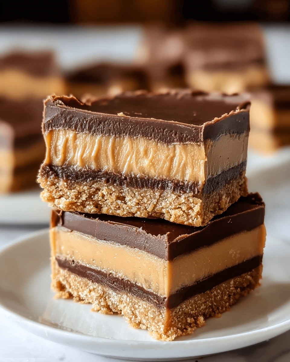 A close-up of two peanut butter chocolate bars stacked on a white plate. Each bar has four visible layers: a light brown crumbly base layer at the bottom, a thin dark chocolate layer above it, followed by a thick creamy peanut butter layer that looks smooth with some texture, and finally a thick shiny dark chocolate top layer. The bars are cut in a way that shows the cross-section clearly, highlighting the different textures of each layer. The white plate sits on a white marbled surface with blurred background. photo taken with an iphone --ar 4:5 --v 7