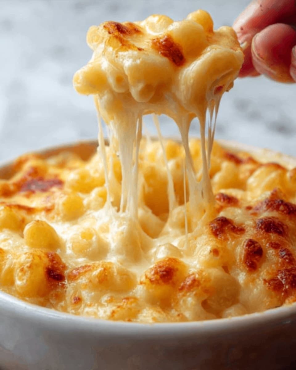 A close-up of a white bowl filled with creamy macaroni and cheese, with macaroni pieces covered in melted golden cheese. The cheese looks smooth and stretchy as a woman’s hand lifts a spoonful, creating long cheese strands stretching above the bowl. The top layer shows browned cheese spots, indicating it has been baked. The background is a white marbled texture. Photo taken with an iphone --ar 4:5 --v 7